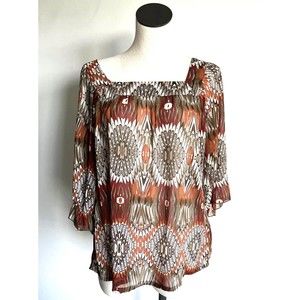 Dress Barn Tunic Top Brown Medallion Square Neck Boho Size Medium